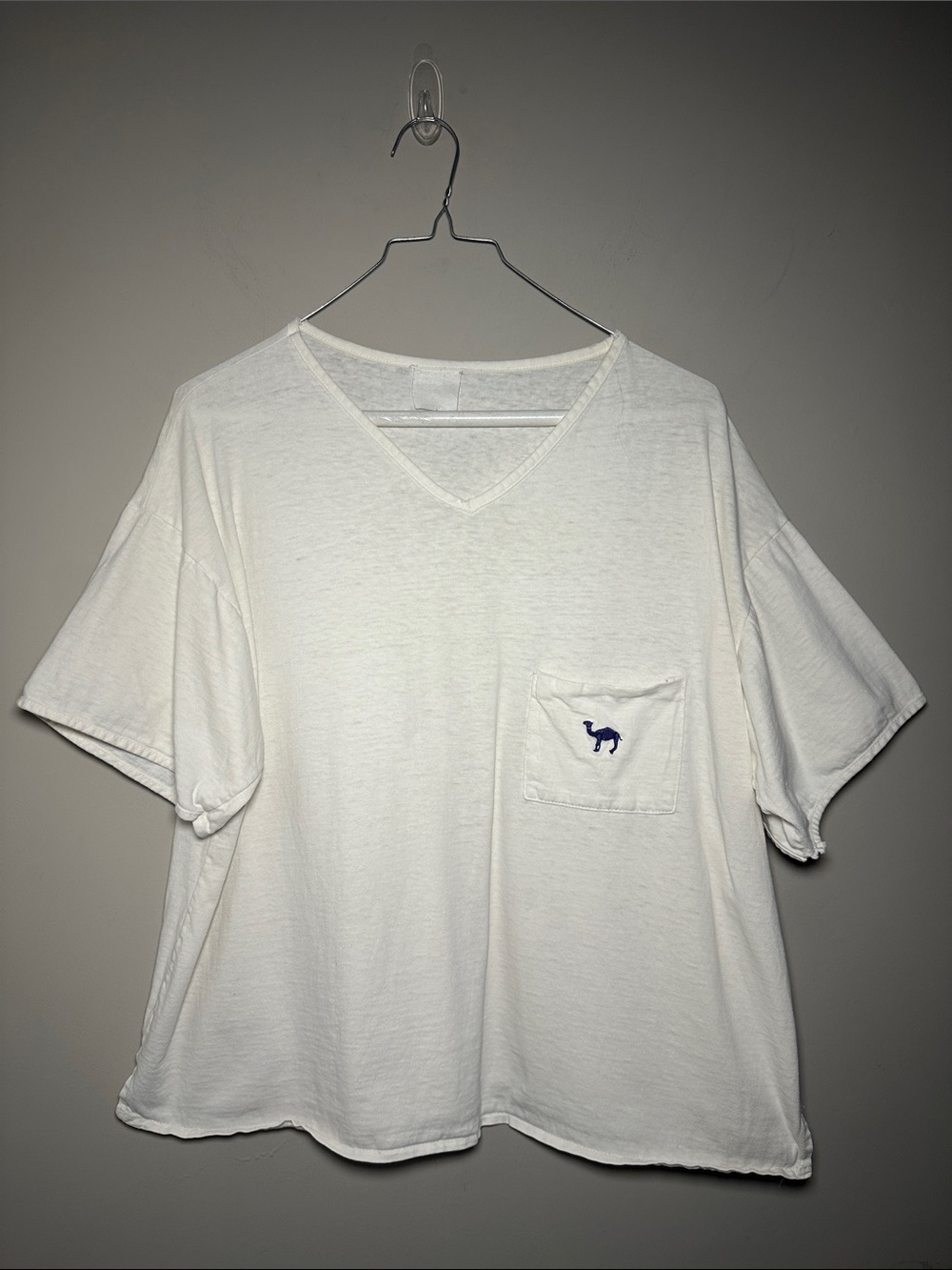 White V-Neck vintage Pocket Tee with purple Camel Motif